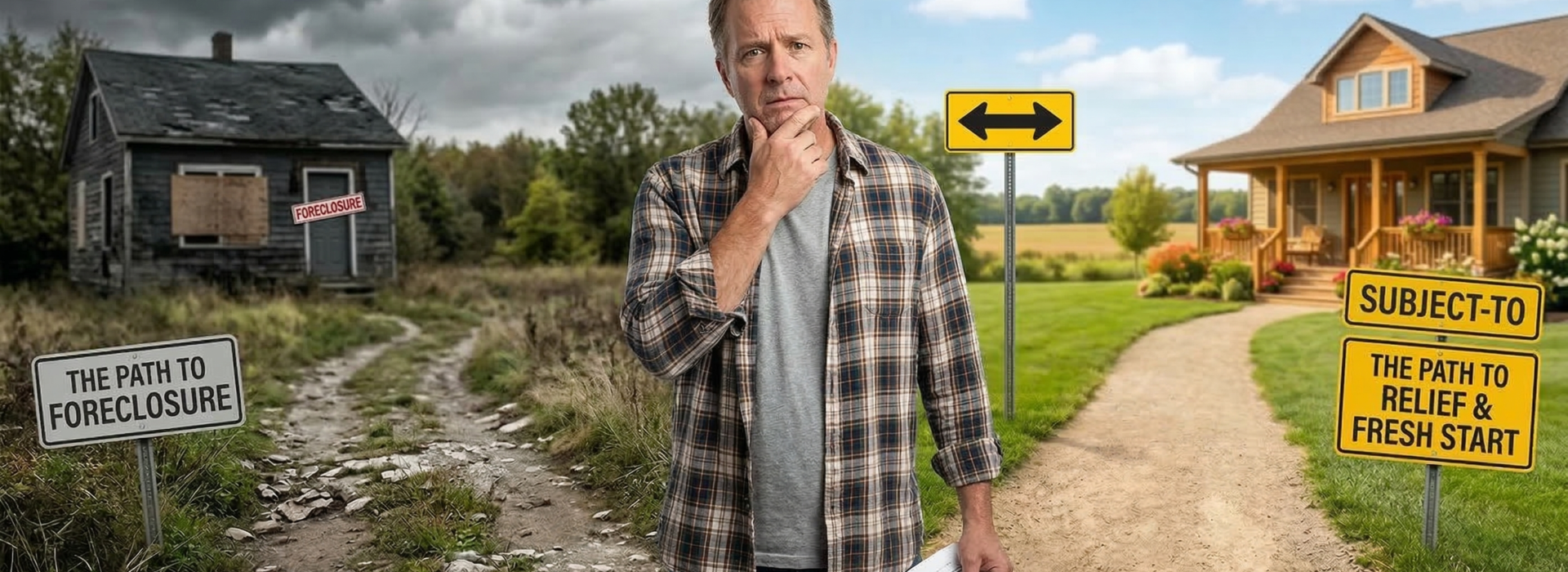Homeowner at crossroads deciding between foreclosure and subject-to sale options in Alabama