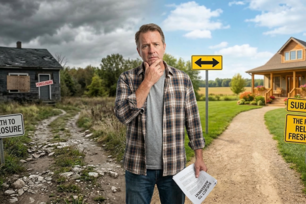 Homeowner at crossroads deciding between foreclosure and subject-to sale options in Alabama