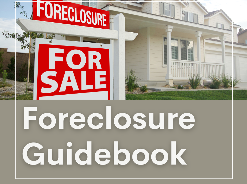 Foreclosure timeline infographic showing pre-foreclosure next to a For Sale sign