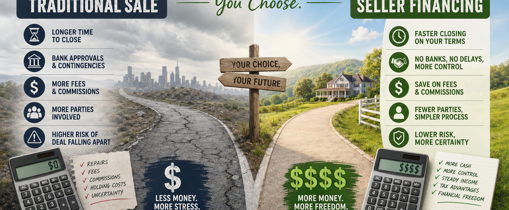 Infographic comparing seller financing vs traditional home sale with two diverging paths, dollar signs, and calculators illustrating profit maximization strategies for Alabama property sellers