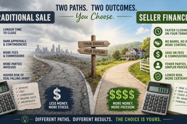 Infographic comparing seller financing vs traditional home sale with two diverging paths, dollar signs, and calculators illustrating profit maximization strategies for Alabama property sellers