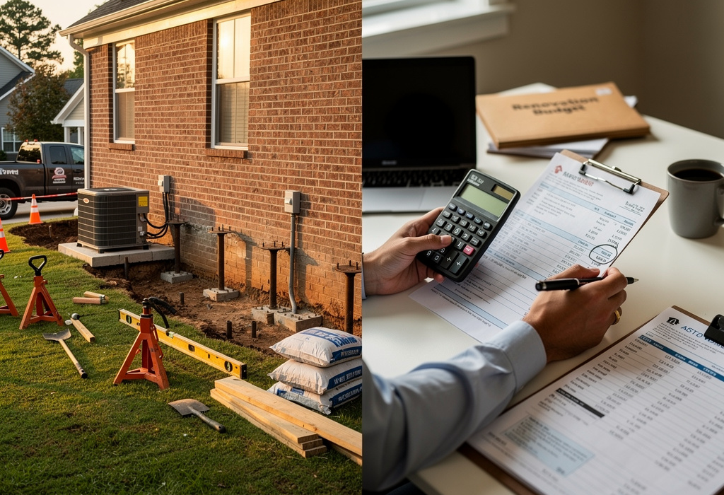 Split-screen image showing left side: brick home in Birmingham Alabama with visible renovation work including foundation repair piers and HVAC unit installation; right side: close-up of hands holding calculator reviewing contractor estimate documents and renovation budget spreadsheet