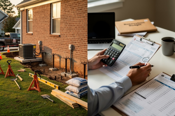 Split-screen image showing left side: brick home in Birmingham Alabama with visible renovation work including foundation repair piers and HVAC unit installation; right side: close-up of hands holding calculator reviewing contractor estimate documents and renovation budget spreadsheet