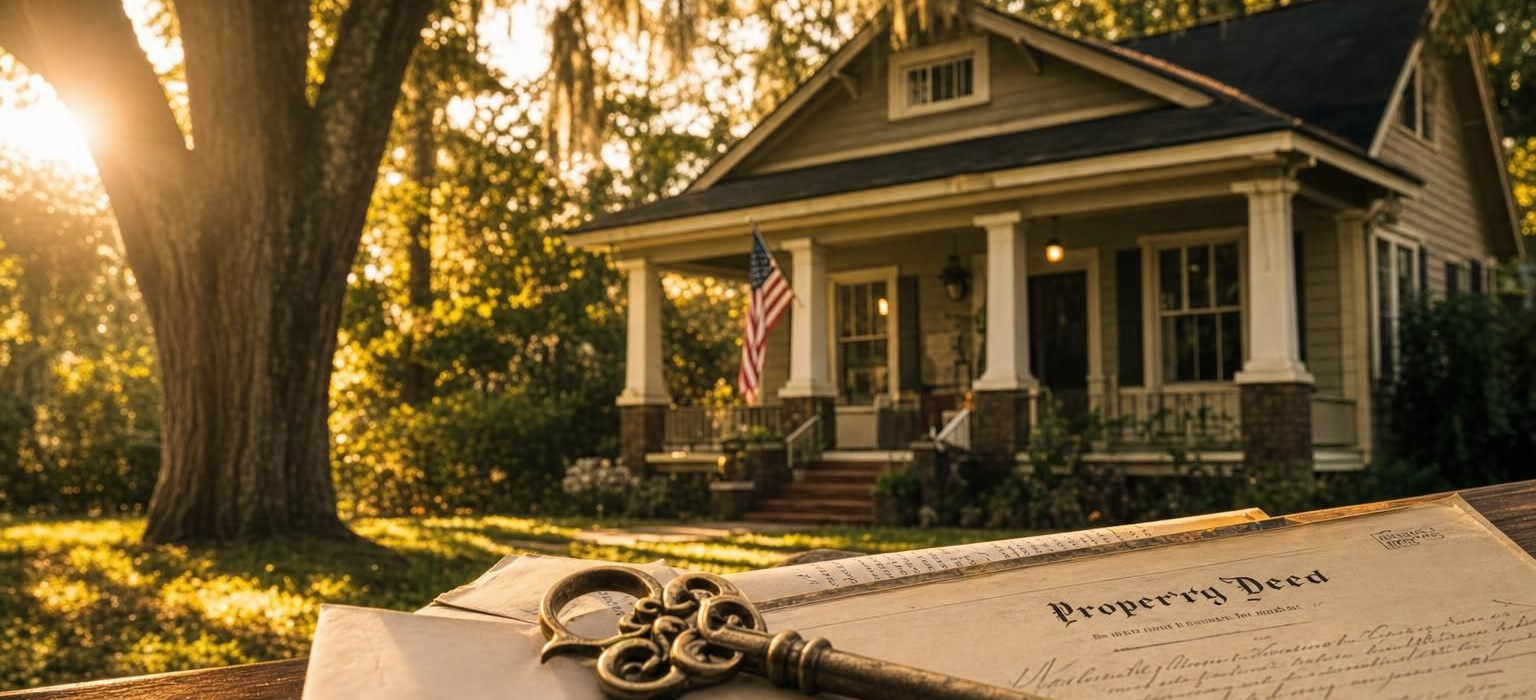A charming weathered craftsman home in Alabama bathed in warm golden-hour light, with a front porch, mature oak trees, and an antique skeleton key resting on estate documents in the foreground.