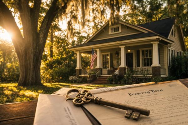 A charming weathered craftsman home in Alabama bathed in warm golden-hour light, with a front porch, mature oak trees, and an antique skeleton key resting on estate documents in the foreground.
