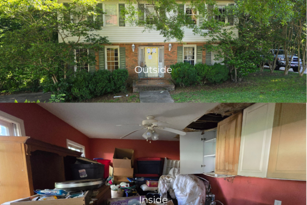Picture showing a nice looking house from the outside and a hoarder room on the inside