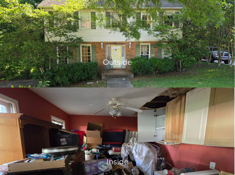Picture showing a nice looking house from the outside and a hoarder room on the inside