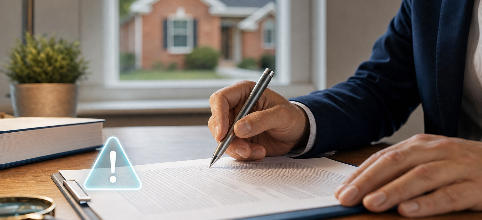 Close-up of hands reviewing a legal document at a desk with a Birmingham single-family home visible in the background, representing SDIRA prohibited transaction rules and compliance.