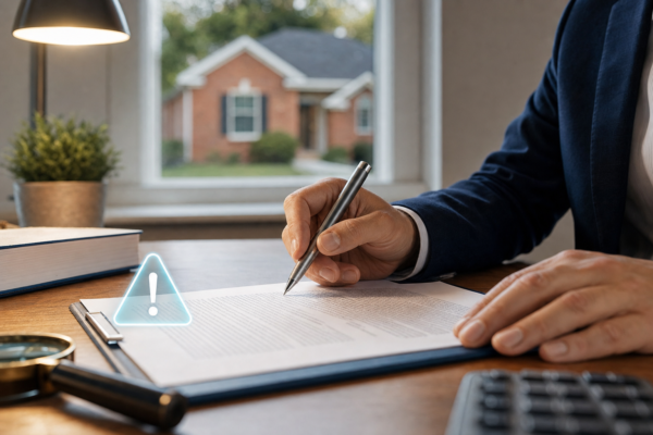 Close-up of hands reviewing a legal document at a desk with a Birmingham single-family home visible in the background, representing SDIRA prohibited transaction rules and compliance.