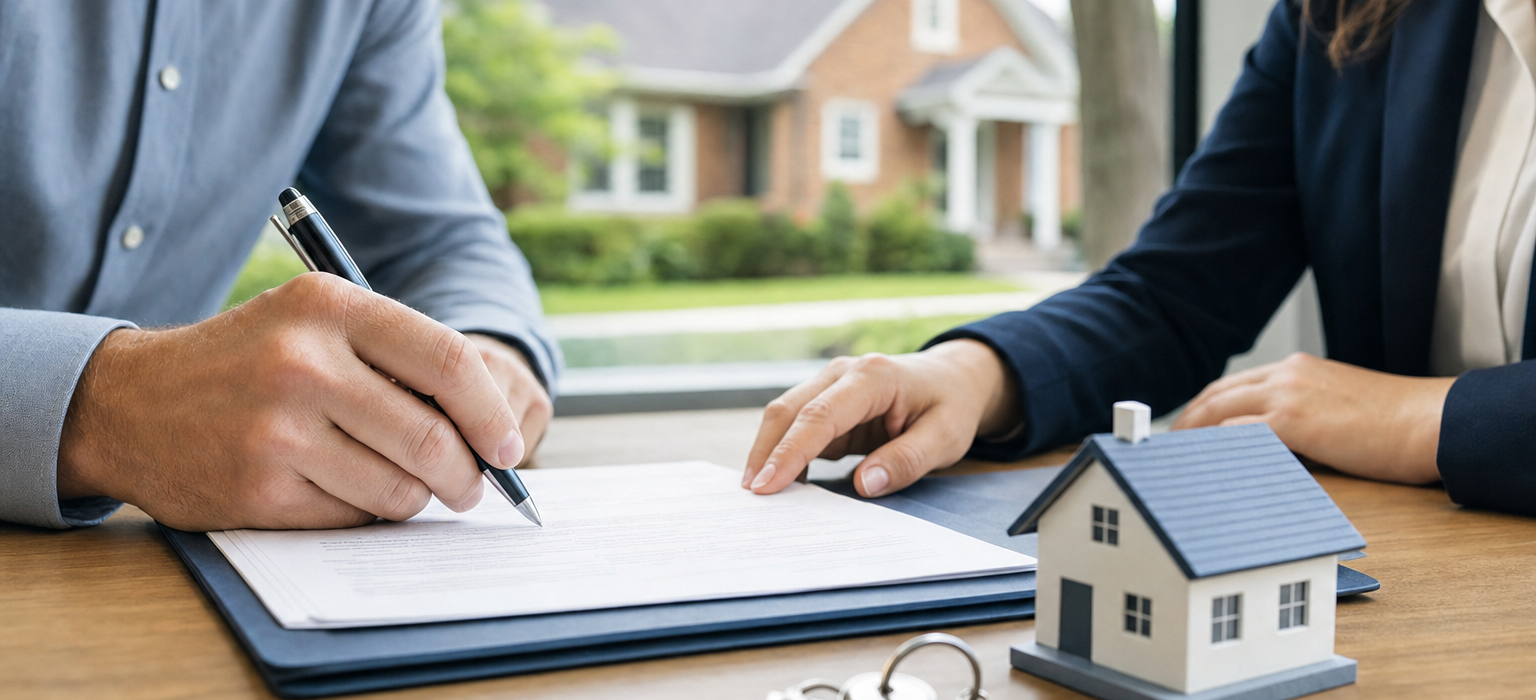 Hands signing real estate closing documents at a title company desk with a Birmingham home visible in the background, representing an SDIRA property purchase closing.
