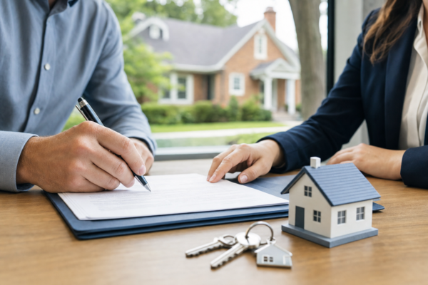 Hands signing real estate closing documents at a title company desk with a Birmingham home visible in the background, representing an SDIRA property purchase closing.